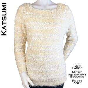 Katsumi Sequin Sweater Large Cream White Fuzzy Raised Stripe Holiday Long Sleeve